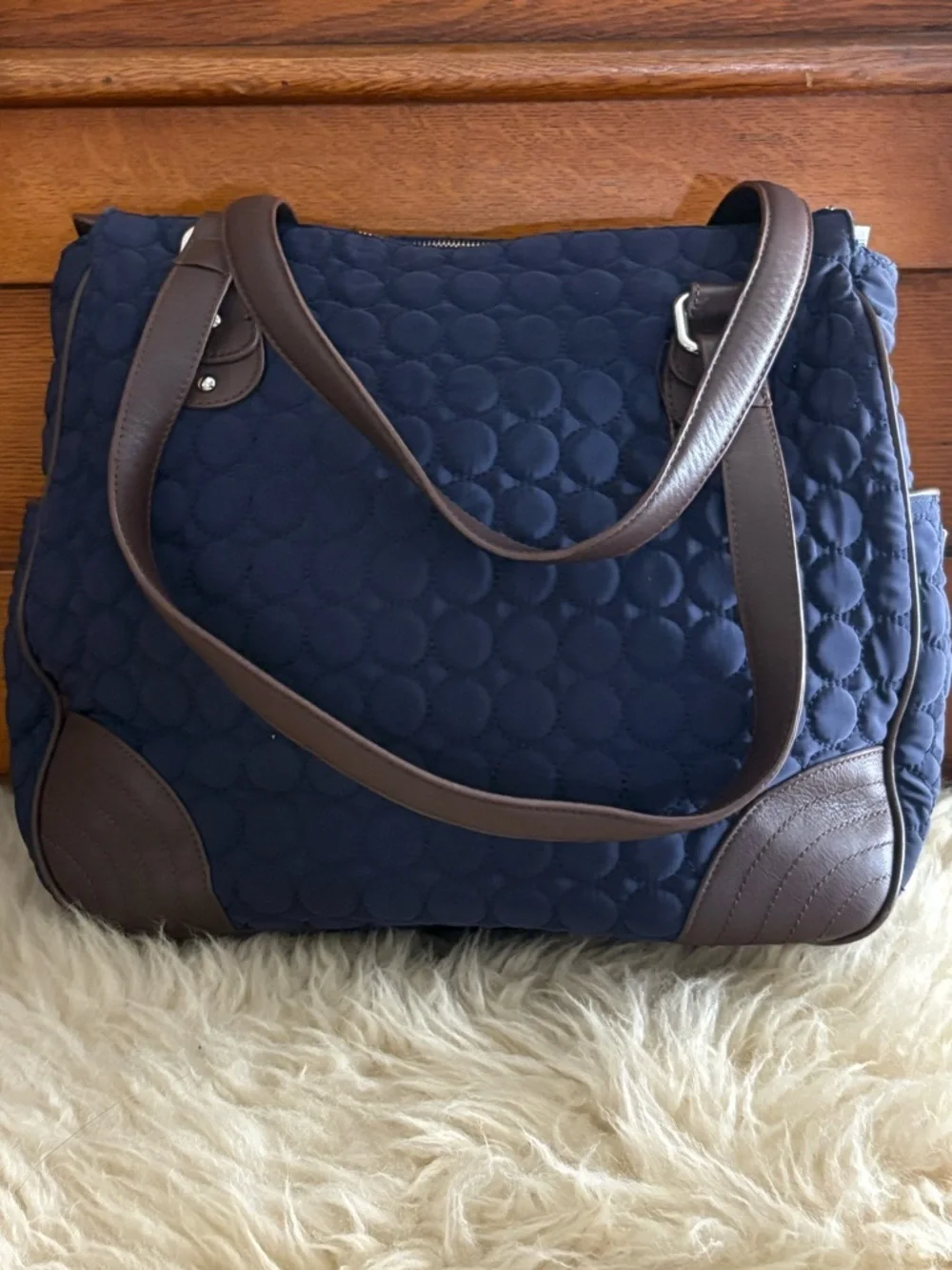 Vera Bradley ‘Wildwood Park’ Navy Quilted Tote with Brown Trim